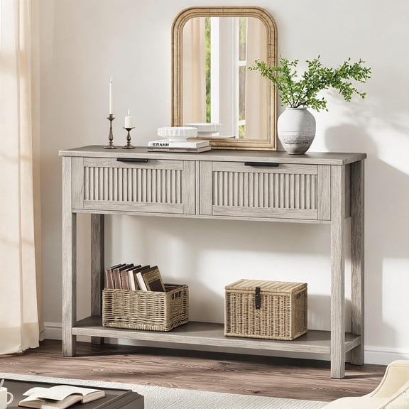 Contemporary Fluted Console Table – 2 Drawers, Narrow Entryway Sofa Table with Storage Shelf, Wood & Metal Accent for Living Room, Hallway, or Foyer