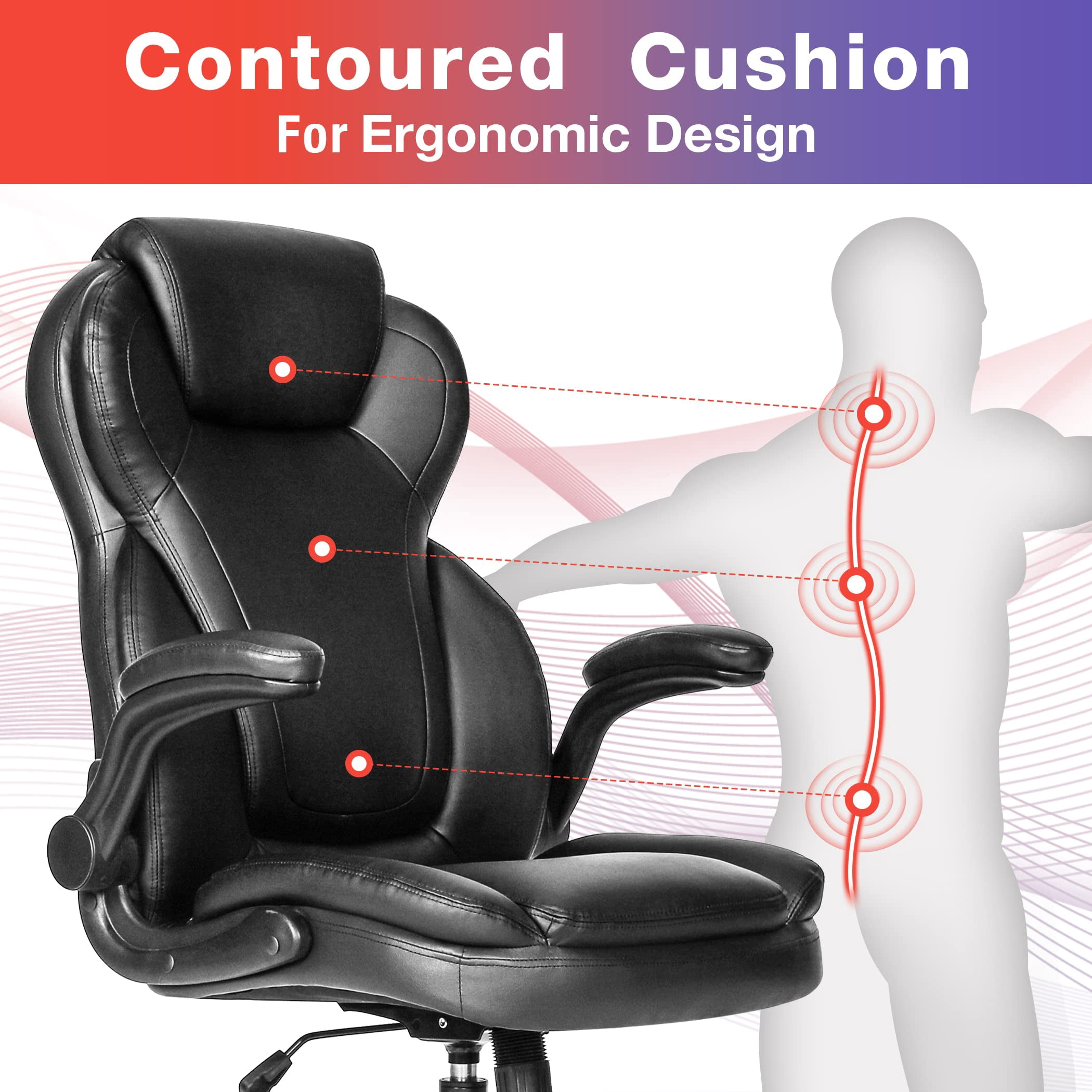 JONPONY 500lbs Big and Tall Office Chair Capacity, Ergonomic PU Leather High Back Executive Office Chair with Tilt, Rock Tension Adjustment, Extra Wide Seat, Padded Armrests, Black