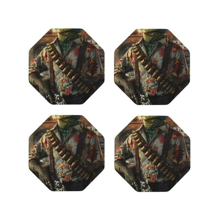 

Honeii Cowboy Iguana Floral Shirt Print Leather Coaster Set of 4 Ideal for Safeguarding Your Furniture from Drinks Spills and Effortless Cleanup-Octagon