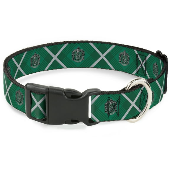 The Wizarding World of Harry Potter Pet Collar, Dog Collar Plastic Buckle, Harry Potter Slytherin Crest Plaid Greens Gray, 7 to 8.5 Inches 0.5 Inch Wide