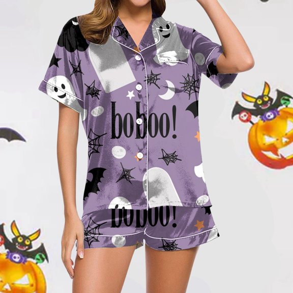 Halloween Pjs Women 2 Pcs Satin Pajamas For Women Halloween Printed Womens Shorts Pajama Set Button Up Lounge Sets For Women Womens Nighties