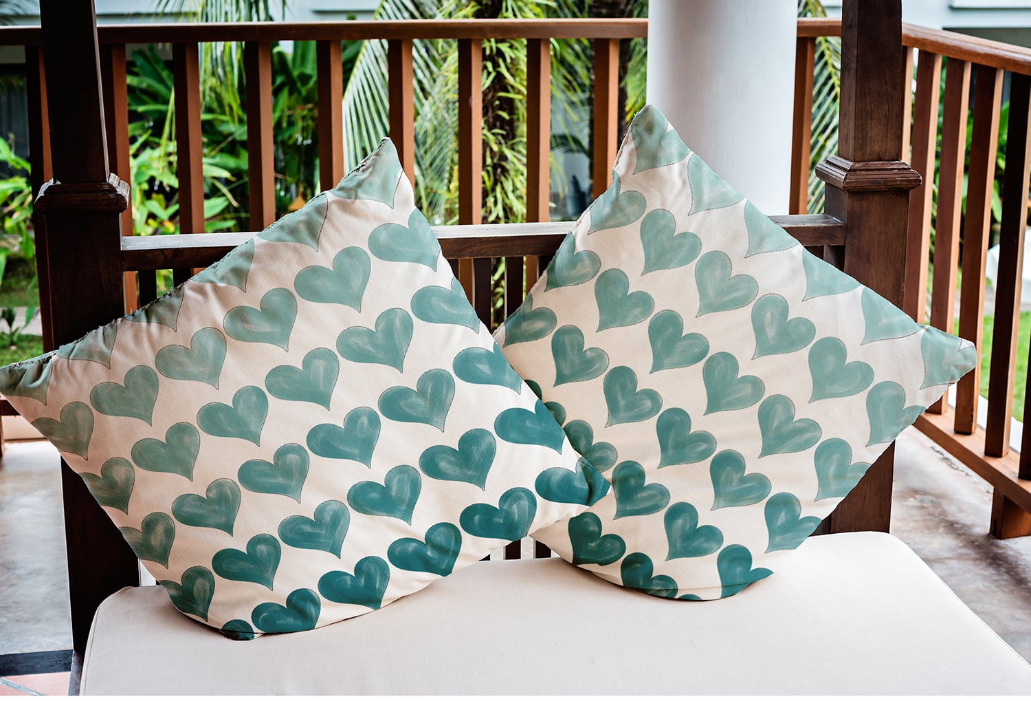 18"x18" Simply Daisy Valentines Colored Hearts Poly Indoor/Outdoor Pillow, Teal Qty 1