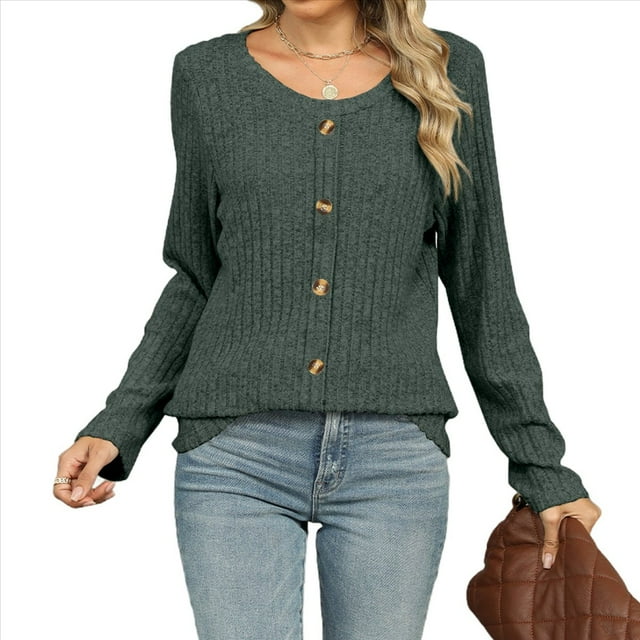 Suéteres Ligeros para Mujer 2025, Camiseta Henley de Larga, Blusa Informal de Cuello Redondo para Otoño. Verde L
