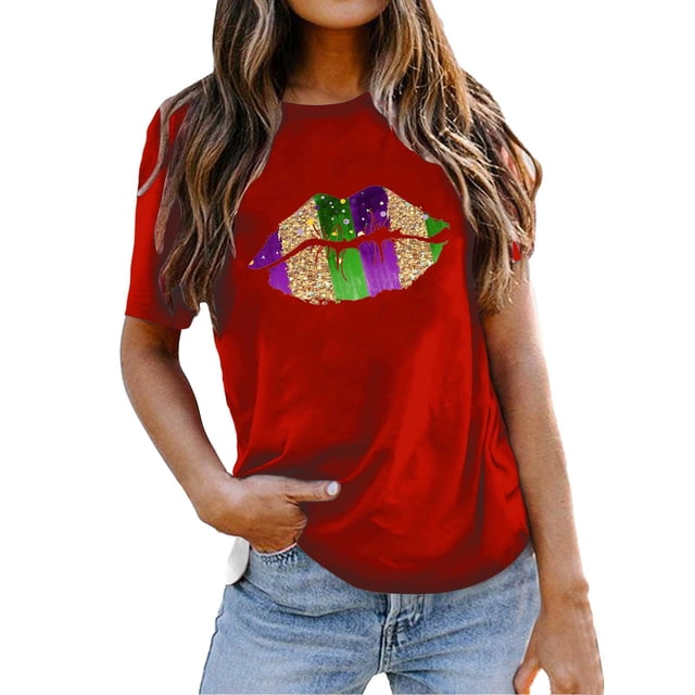 PMUYBHF Mode pour Femmes Hauts Décontractés Manches Courtes Col Rond T-Shirt Imprimé Ample 4558 TG