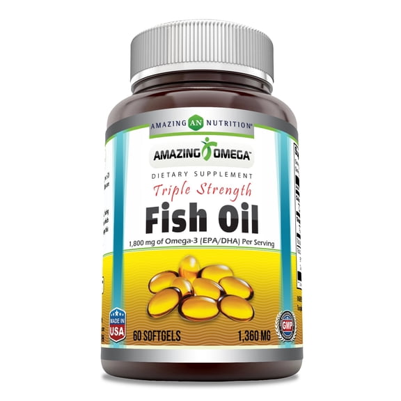 Amazing Omega Triple Strength Fish Oil (Omega-3, EPA/DHA) 1360 Mg Per Serving 60 Softgels Supplement | Non-GMO | Gluten-Free