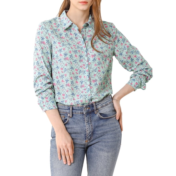 Camisa de mujer de edición INSPIRE CHIC, con botones, estampado de flores pequeñas, de manga larga, cuello de punta, top de oficina, 3XL, azul