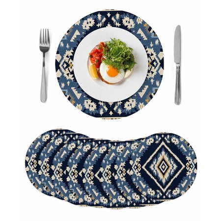 Navy Blue Brown Boho Round 15 Inch Placemats Set of 8 Vintage Geometric Southwestern HeatResistant Non Slip Place Mats for Dining Table Wipeable Braided Kitchen Table Mats for Housewarming