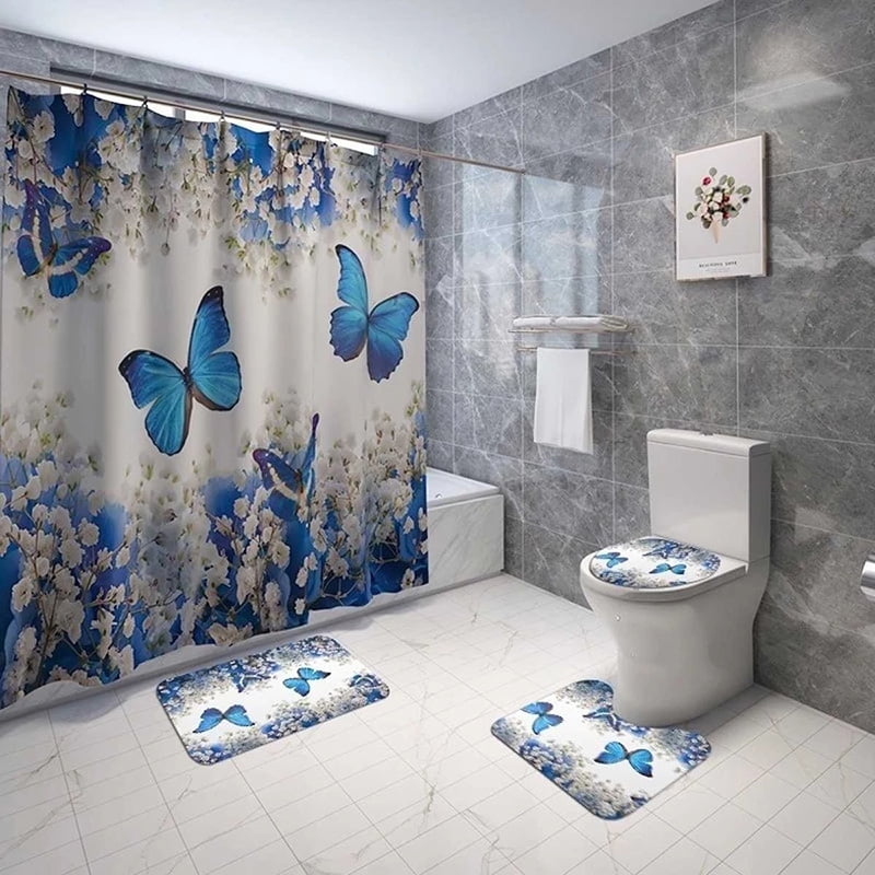 3D Pretty Butterfly Shower Curtain Sets Bath Mat Toilet Cover Rug Bathroom Dec. 