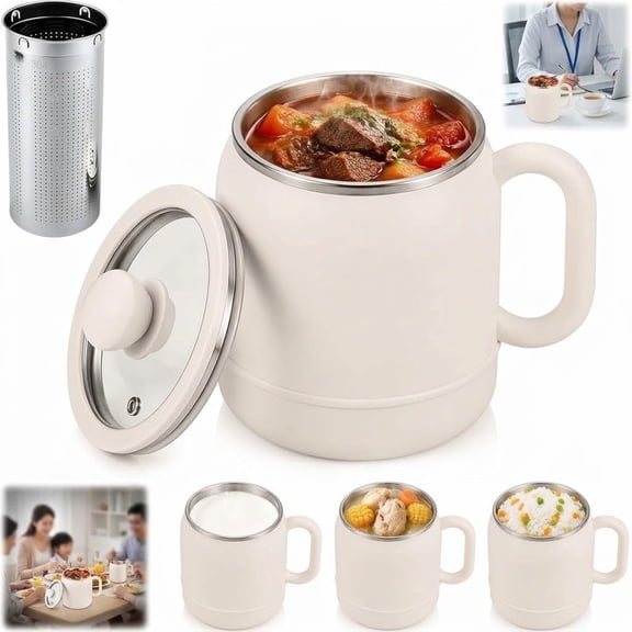 Multi-Function Portable Electric Stewing Cup,6 in 1 Portable Cooker Double-layer insulation,for Soup, Porridge, Rice, Milk, and Slow Cooking at Home or Office, Non-Stick Easy Clean