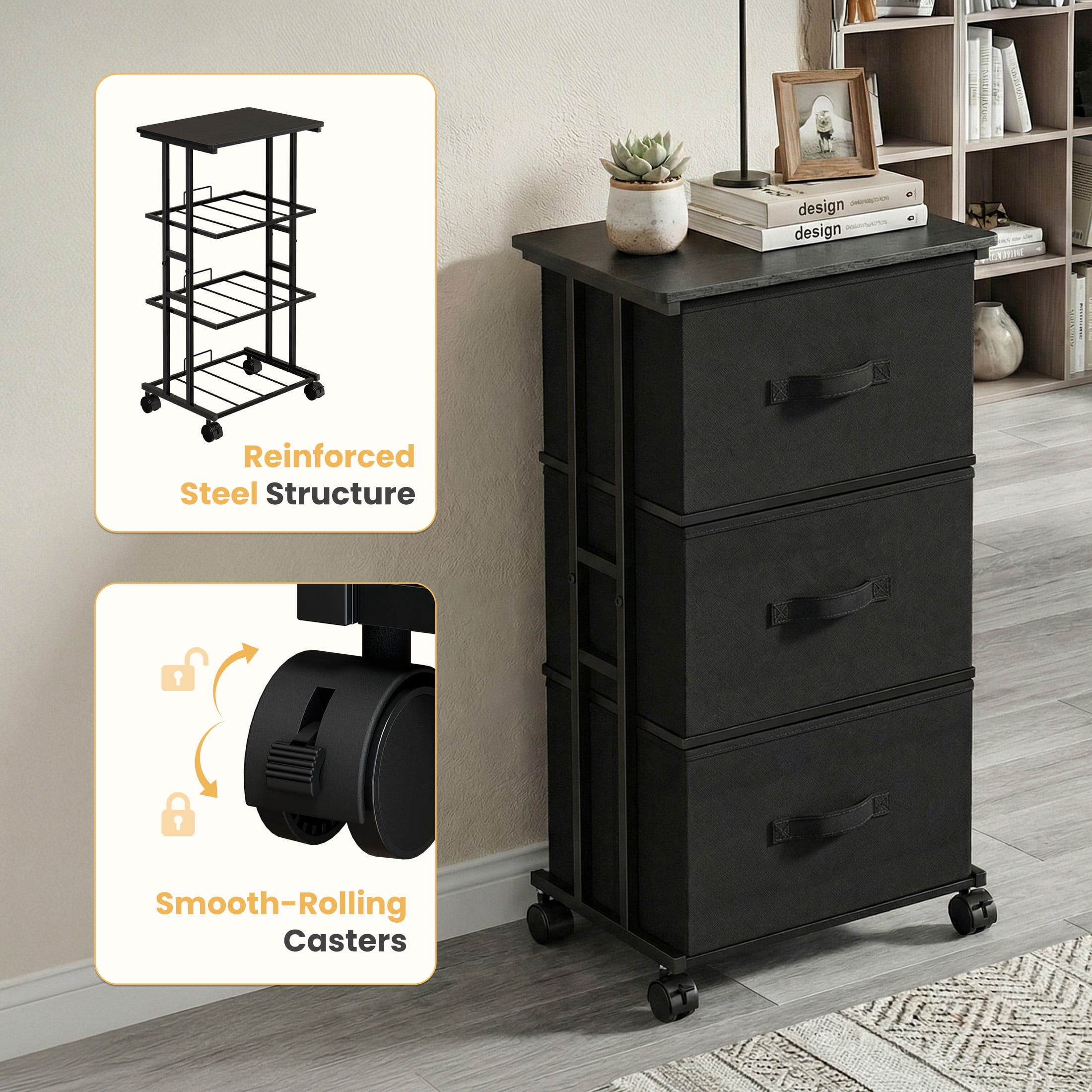 CONCETTA Dresser Storage with 3 Drawers, Storage with Wheels for Bedroom, Home Office, Black