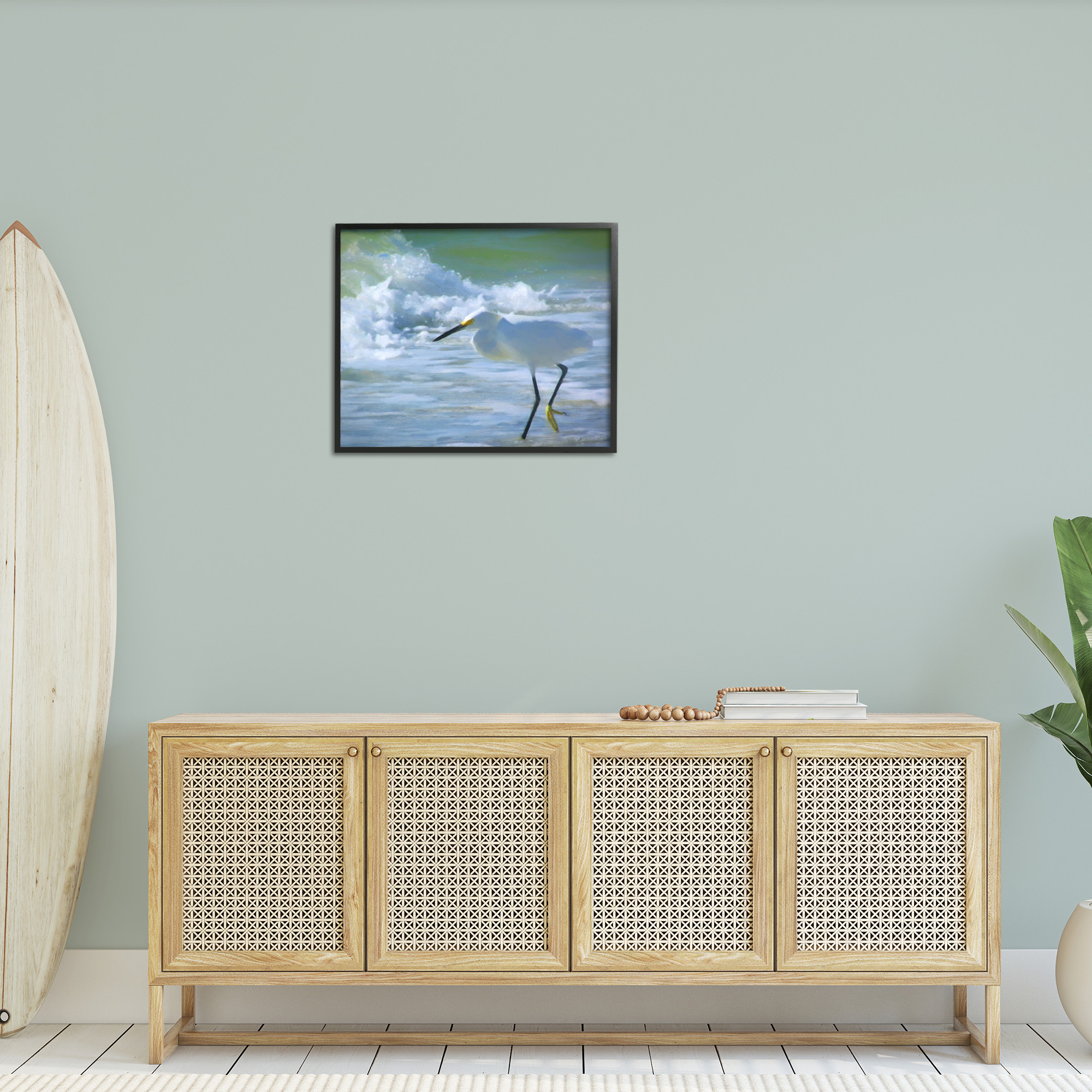 Stupell Industries Egret in Splashing Waves Landscape Painting Black Framed Art Print Wall Art, 30 x 24