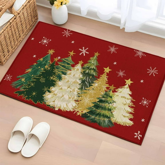 Red Christmas Tree Bathroom Rug Washable 2x3 Entryway Rug Non Slip Xmas Tree Winter Snowflake Front Door Mat Low Pile Indoor Doormat Throw Floor Carpet for Kitchen Bedroom Entrance
