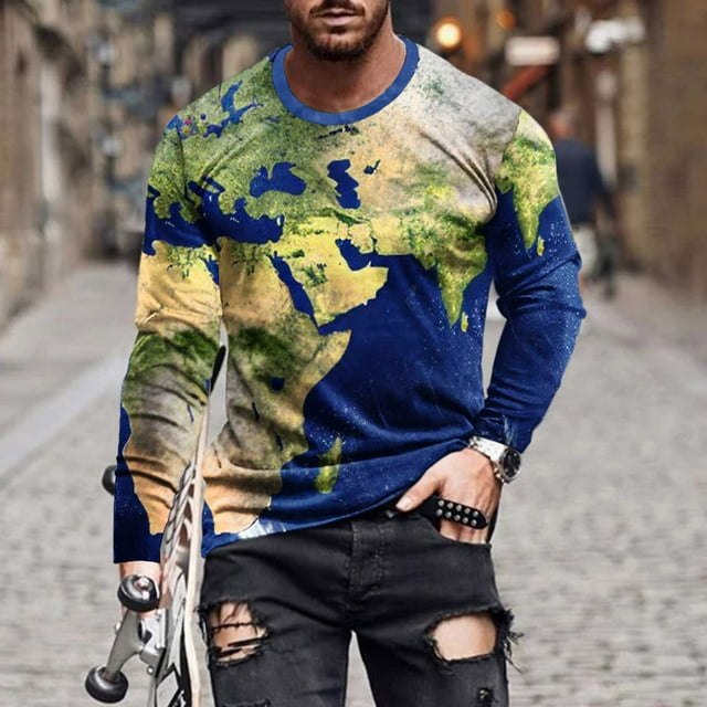 TIMIFIS Hauts pour Hommes Chandail Imprimé Décontracté à Manches Longues T-Shirt pour Hommes Col Rond Tee Graphique Hauts Hommes Coupe Ample Chandail de Course Taille-Bleu Foncé Automne
