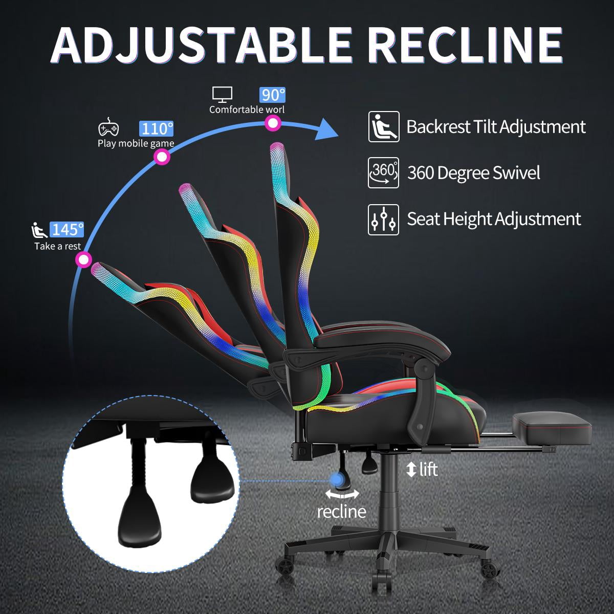 KOCEN Tall and large adult Gaming Chair , Racing Style RGB LED Light Adult Gaming Chairs, Equipped With Lumbar Massager, High Back Adjustable Recliner, With Footrest AndHeadrest.
