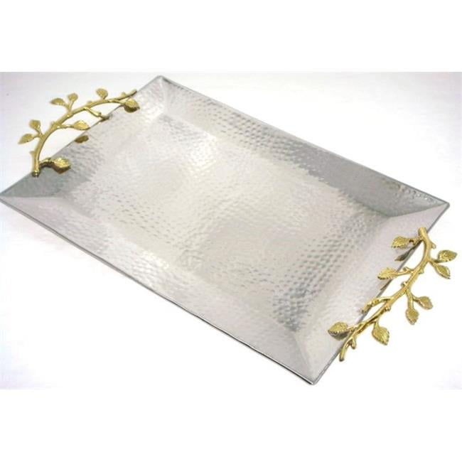 Large Rectangular White Marble Serving Tray Decorative Gold Leaf Metal Handles 
