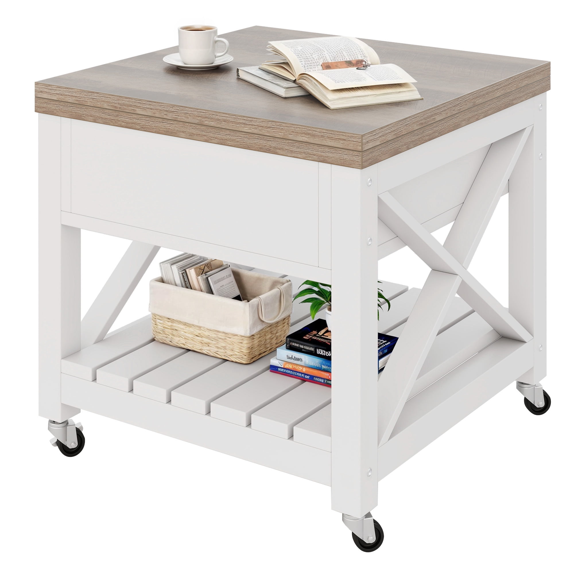 Uforic Square Dining Table Lift Top Coffee Table with Wheels, Square Dining Table, Oak