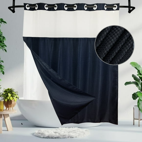 QUTETN 1pc No Hook Leaf Print Shower, Shower With Snap-in Fabric Liner, Sheer Top Window, Waterproof Double Layer Bathtub, Bathroom Accessories