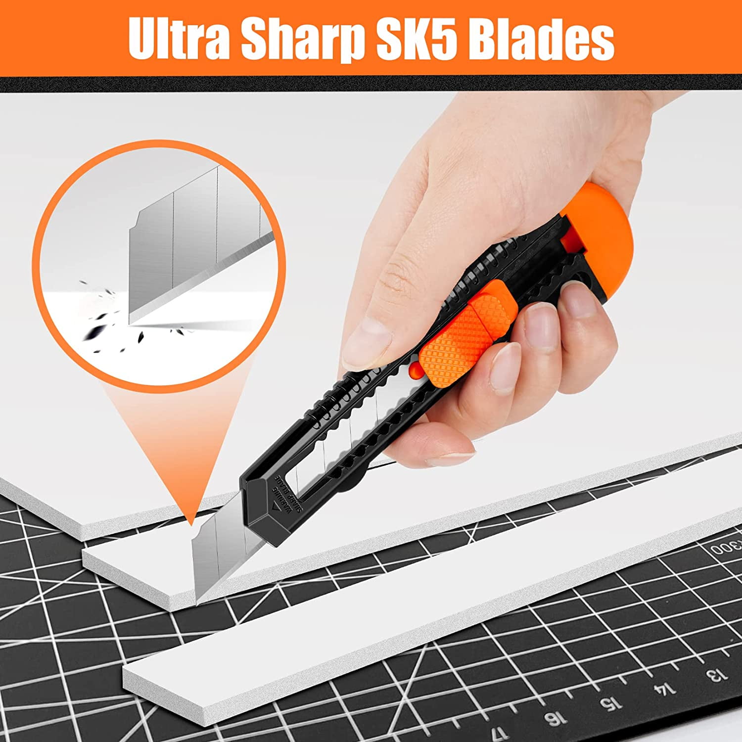 2-Pack Box Cutter Knife, Cardboard Cutter with Self-Retracting 3-Position Locking Blade, Safety Sheath, Lanyard, Extra 18 Blades Included, Blade Storage Design
