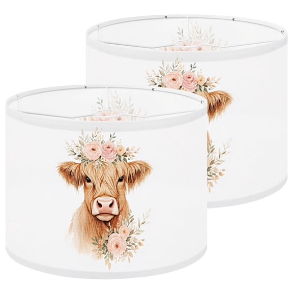 Cow Lampshades 2 Pack Cute Highland Cow Floral Crown Soft Pink Roses 13"x13"x10" Light Shade for Table Lamps Floor Lamps Drum Lamp Shades Lampshade Replacement Easy Assembly