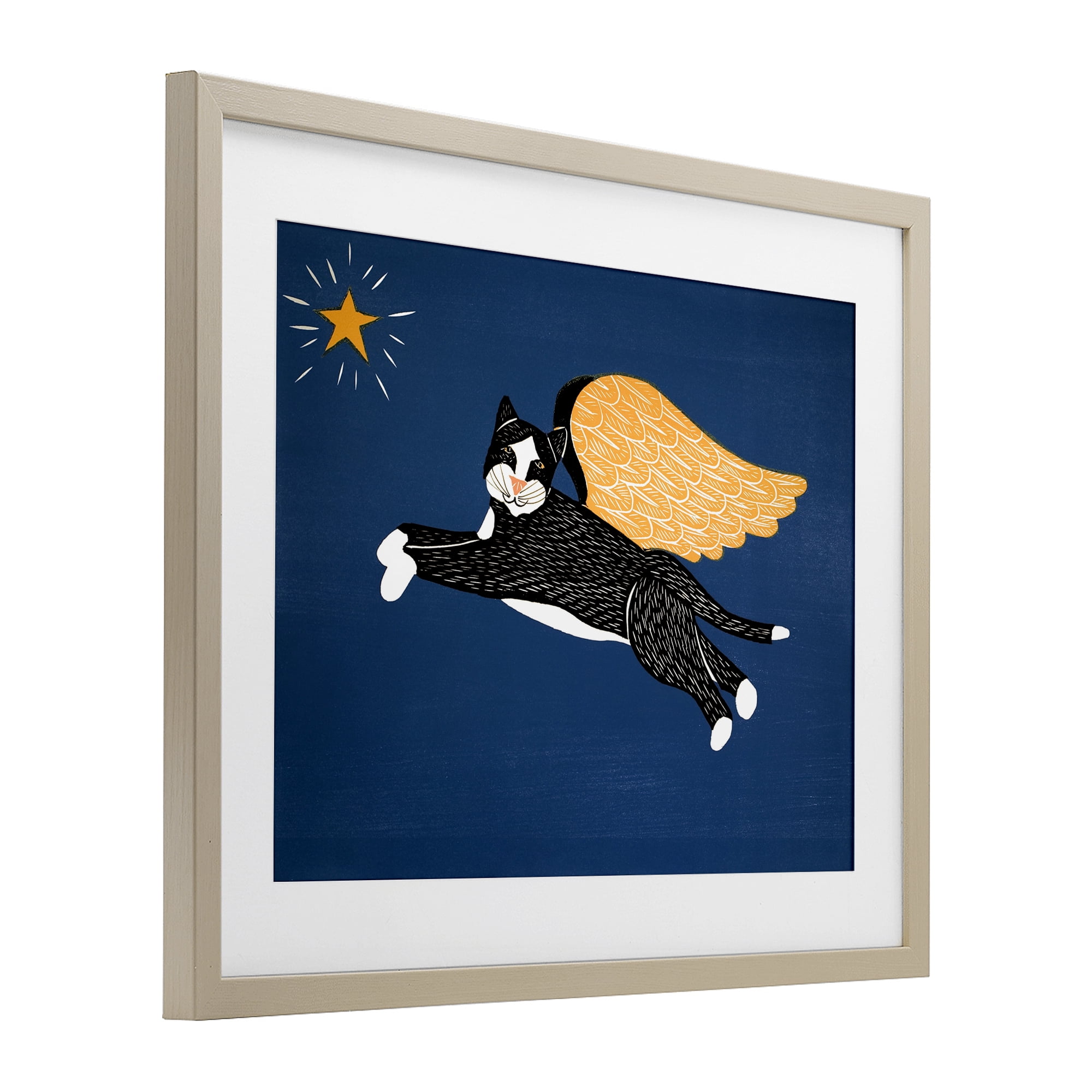 Angel Cat with Star Birch Framed Print Under Glass, design by Stephen Huneck