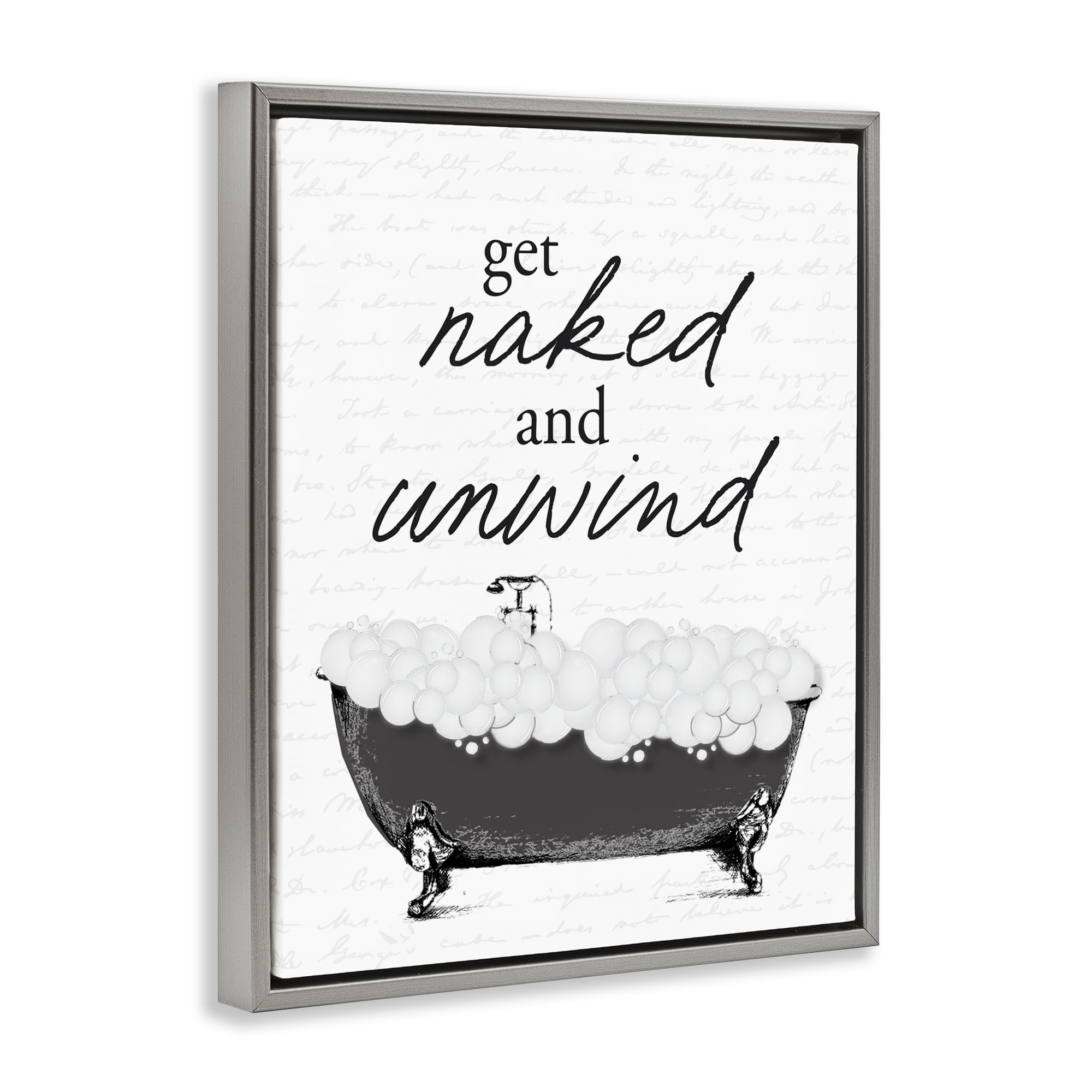 Unwind Bubble Bath Gray Framed Floater Canvas Wall Art, design by Lettered and Lined