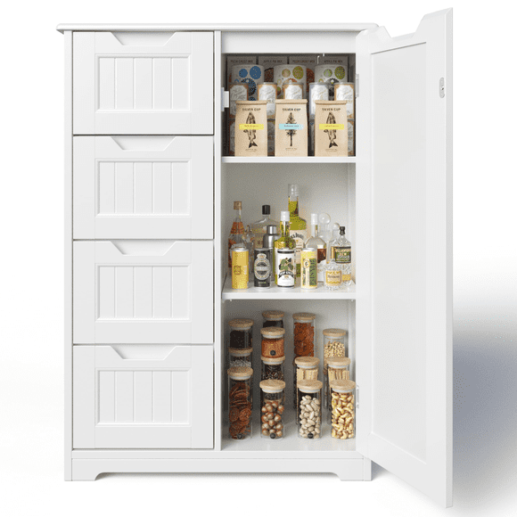 Despensa de cocina con puerta y estantes, armario pequeño comedor, armario baño independiente de madera con 4 cajones,60x30x85cm, color blanco