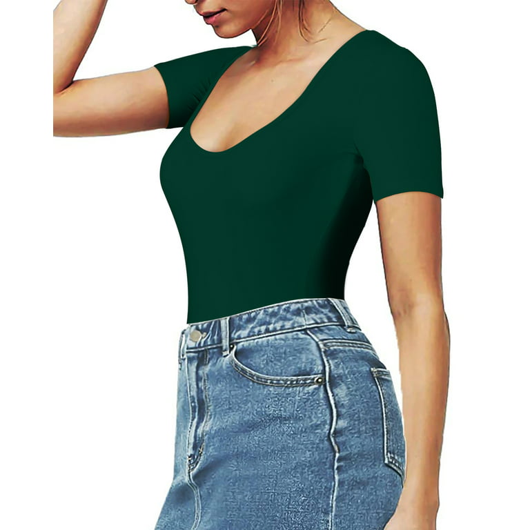 Vafful Bodysuit for Womens Scoop Neck Summer Short Sleeve Shirts Stretchy  Ribbed Basic Fitted Tops Bodysuit Jumpsuits U Neck Dark Green S-XL