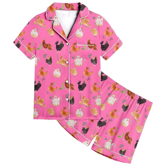 TOOYOU Girls Sleepwear 2 Pack Pajamas Animal Chicken Printed Short Sleeve Button Down Pjs Shorts Set Loungewear Outfits Sweet Girl Relaxing Casual Pyjamas Size 4-5 Years Hot Pink