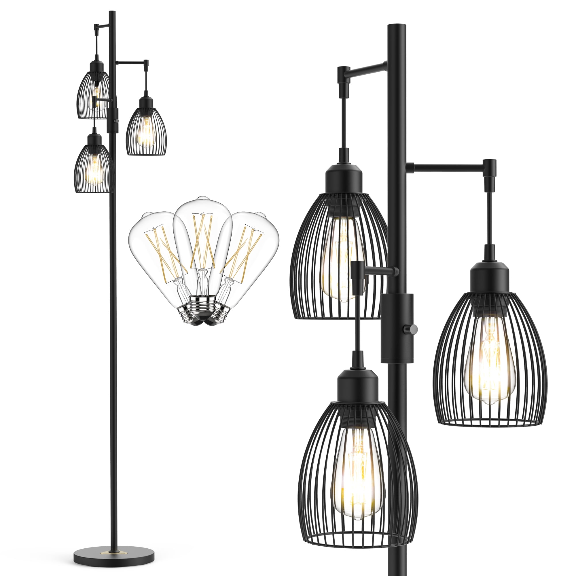 JURULU 70 inch Dimmable Floor Lamp, 3 x1000 LM Bulbs, Elegant Birdcage-Style Industrial Farmhouse Standing Tree Lamp, Perfect for Living Room, Bedroom, Office, Dining Room Decor - Black