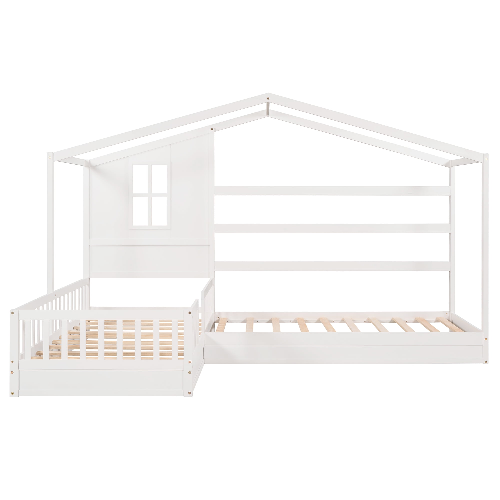 Bellemave House Beds for 2 , Wood L-Shape Twin Bed Frame with Roof and Fence Railings, Double Twin Size Montessori Bed Frame No Box Spring Needed (White)