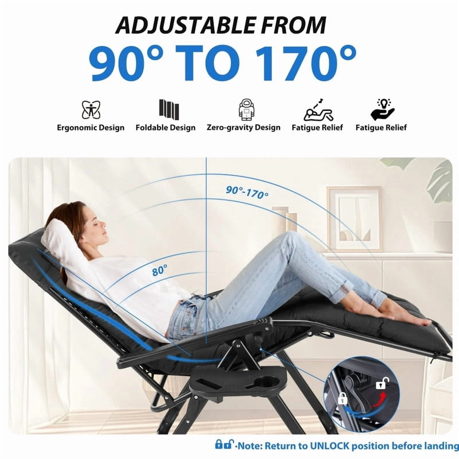 Kelno Padded Recliner Chair Zero Gravity Camping Chair Holder Trays Outdoor Portable Patio Lounge Chair with Removable Cushion Headrest Cup, Black