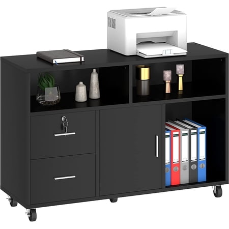 LILIUPENG Wood File Cabinet, 2 Drawer Mobile Lateral Storage Cabinet Printer Stand with Lock and Open Storage Shelves for Home Office, Black,Drawers Without Hanging Bars