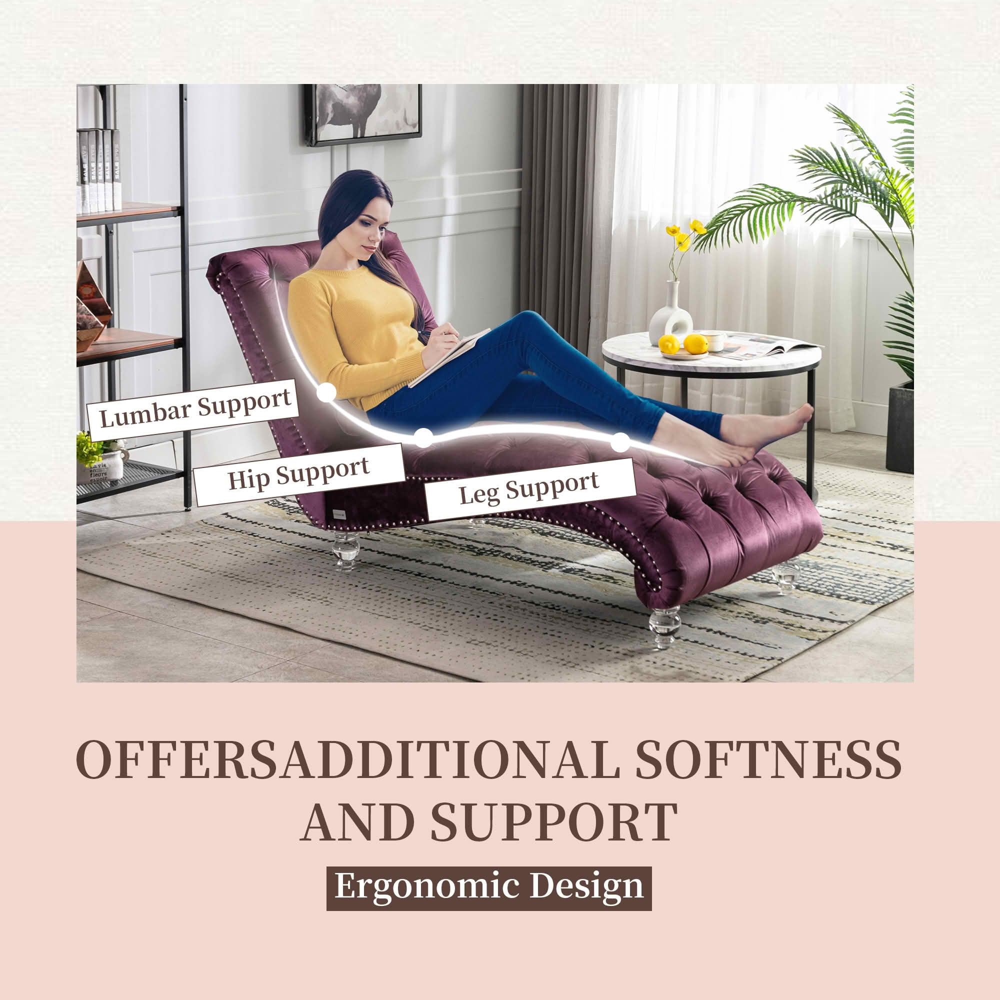 MAYEERTY Velvet Button Tufted Chaise Lounge with Pillow, Ergonomic S-Shape Indoor Lounge Chair with Wood Frame Acrylic Legs for Bedroom Living Room Office
