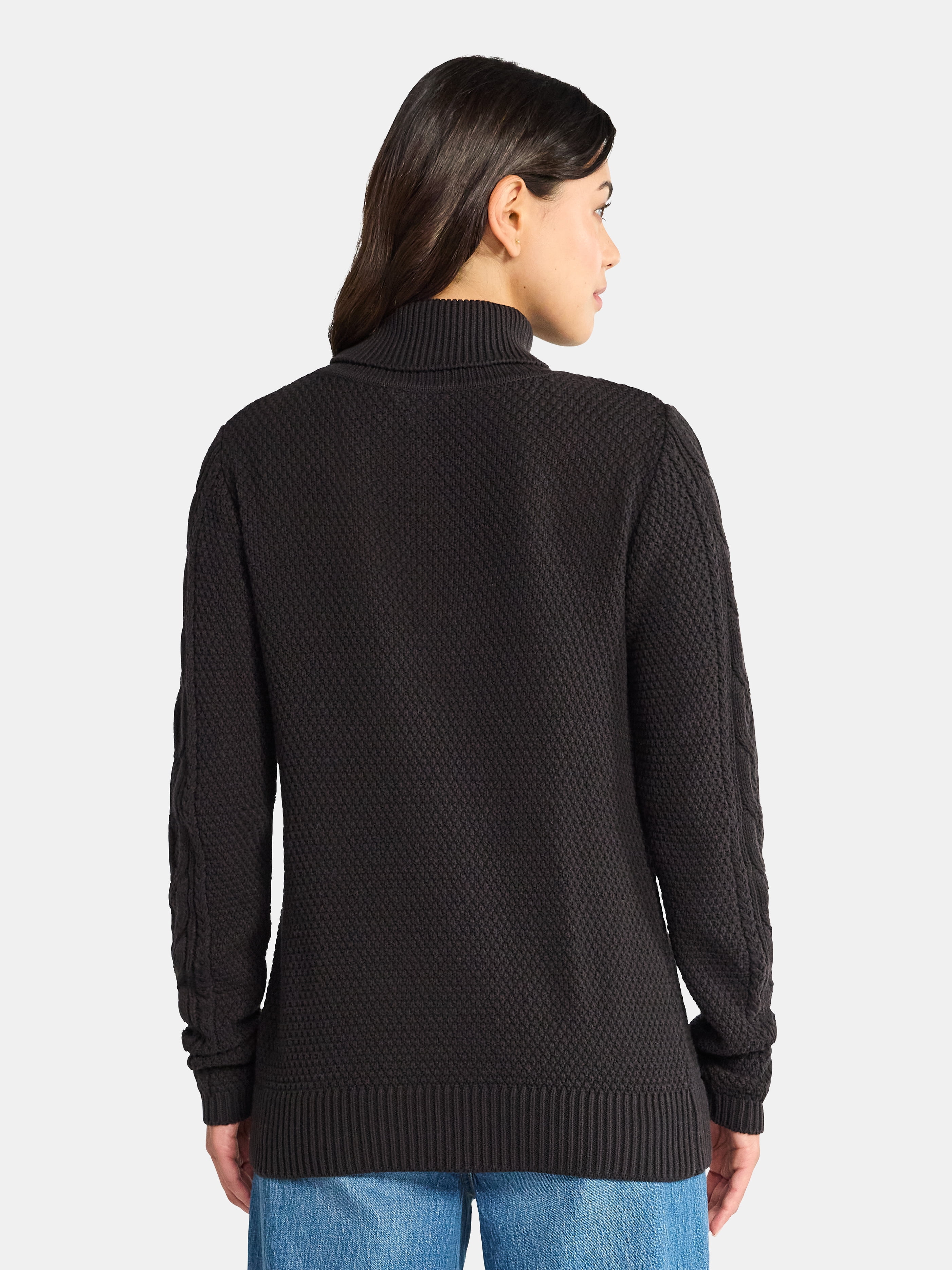 Time and Tru Women’s and Women’s Plus Turtleneck Sweater with Cable Sleeves, Midweight, Sizes XS-4X