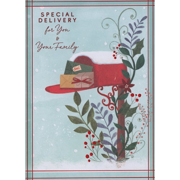 Designer Greetings Red Mailbox with Presents and Mail on Open Door Christmas Card for You and Your Family