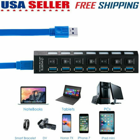 2019 USB 3.0 Hub On/Off Switches AC Power Adapter Cable For PC Laptop 7 Port