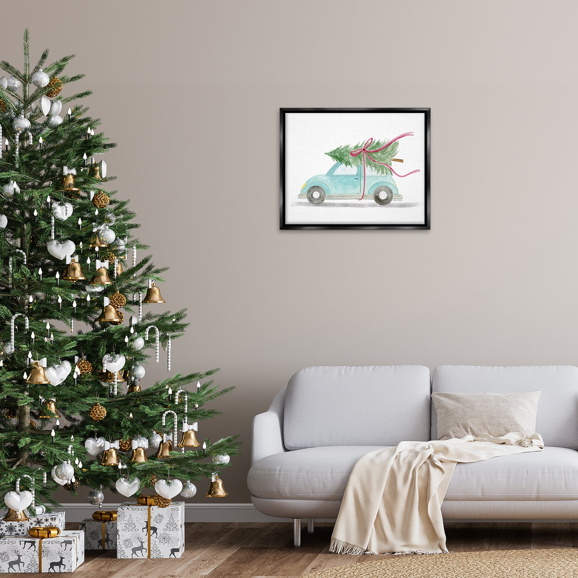 Stupell Industries Windblown Tree on Car Holiday Painting Black Floater Framed Canvas Art Prints Wall Art, 31 x 25