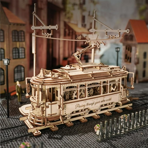 ROBOTIME 3D Wooden Puzzles DIY Mechanical Tram Model Kit Wood Model Building Kit Unique Gifts for Teens&Adults