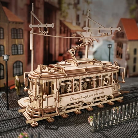 ROBOTIME 3D Wooden Puzzles DIY Mechanical Tram Model Kit Wood Model Building Kit Unique Gifts for Teens&Adults