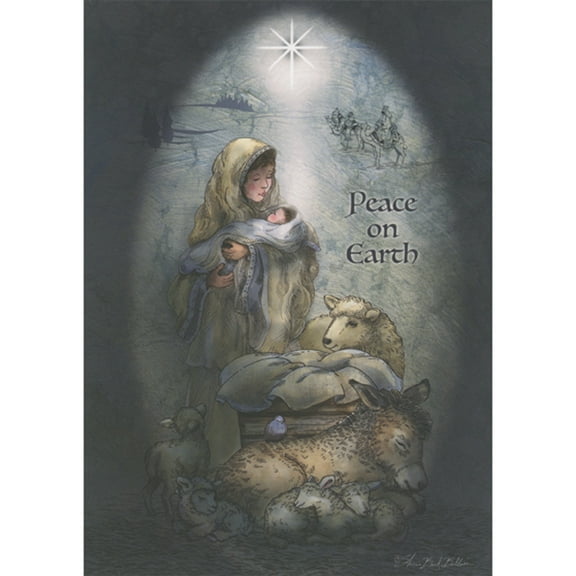 LPG Greetings Peace on Earth: Mary Holding Baby Jesus Near Animals Box of 16 Religious Christmas Cards