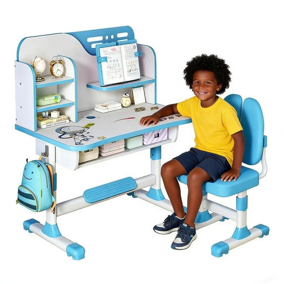 YNCE Kids Desk and Chair Set Adjustable Kids Art Table Children Study Table Chair Set Writing Reading Desk Chair with Large Writing Board, Book Holder, Schoolbag Hook and Drawer