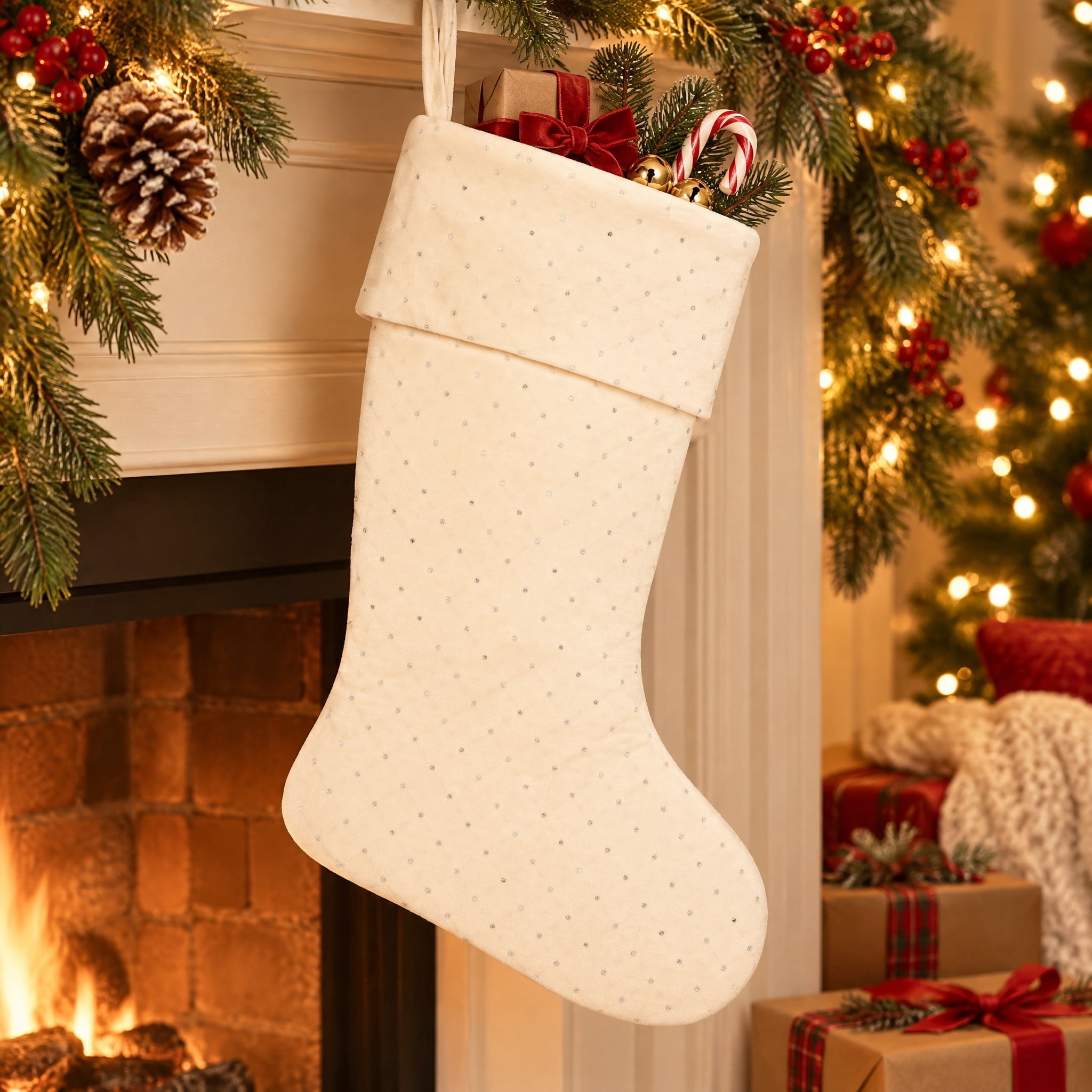 Velvet Christmas Stocking with Rhinestones, Ivory, 18", by Holiday Time