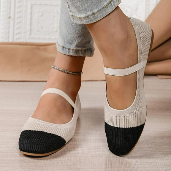 Bxsruta Hook-and-Loop Mary Jane Flats, Women's Knit Breathable Slip-Ons - Lightweight Casual Shoes with Arch Support