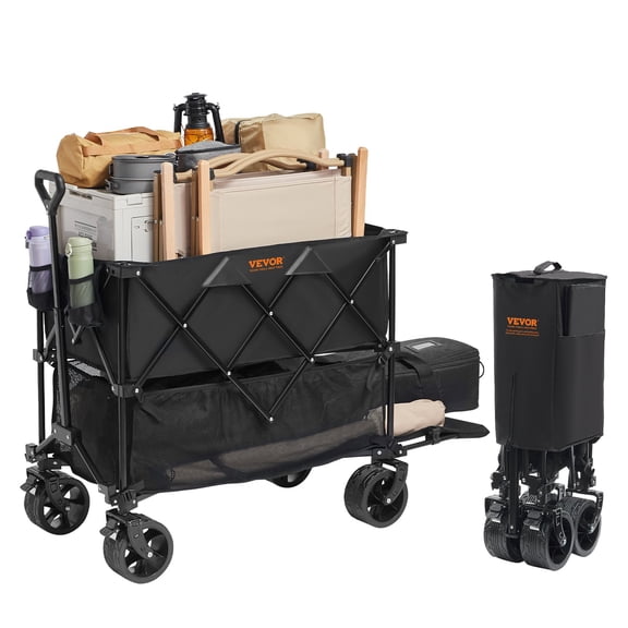 VEVOR Foldable Double Decker Wagon, 400L Collapsible Wagon Cart with All-Terrain Wheels, Heavy Duty Folding Wagon Cart 350-450 lbs Weight Capacity for Camping, Shopping, Garden, 52" Extra Long Extend