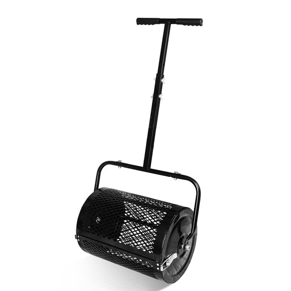 Maylaviu 16-Inch Compost & Peat Moss Spreader, Lawn Roller Spreader with Adjustable T-Handle, Heavy-Duty Steel Mesh Basket for Topdressing, Black
