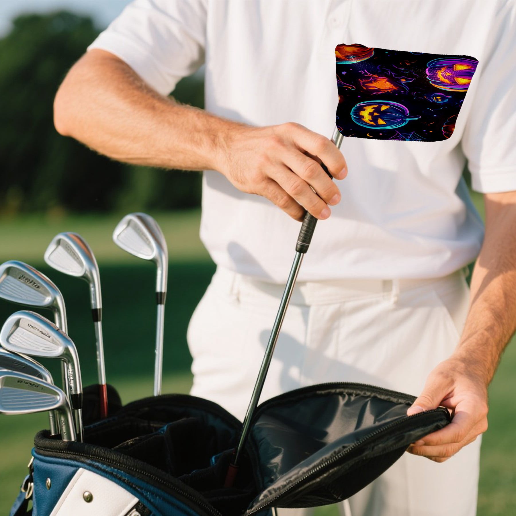 Golf Mallet Putter Cover Premium Leather Waterproof Golf Putter Head Cover with Magnetic Closure Neon Color Pumpkins