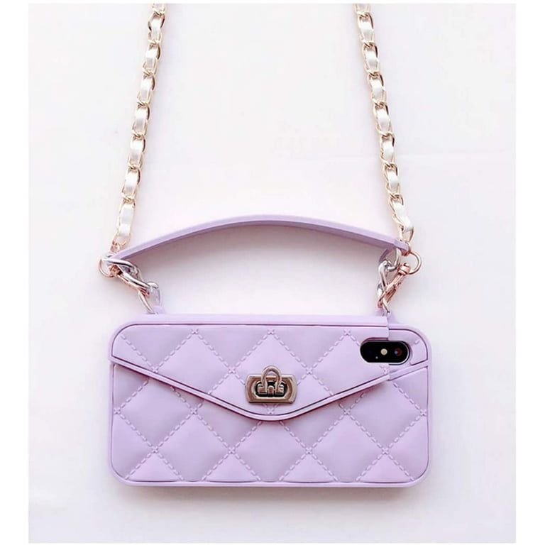 Wallet Case Compatible with iPhone, Pretty Luxury Bag Design, Purse Flip  Card Pouch Cover Soft Silicone Case with Hand Holder Long Shoulder Strap( Purple,iPhone 12 mini) 