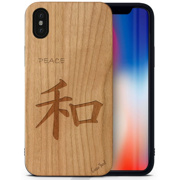 Case Yard Wooden Case Outside Soft TPU Silicone, Slim Fit Shockproof Wood Protective Phone Cover for Girls Boys Men and Women, Supports Wireless Charging Kanji Peace Design case for iPhone-X