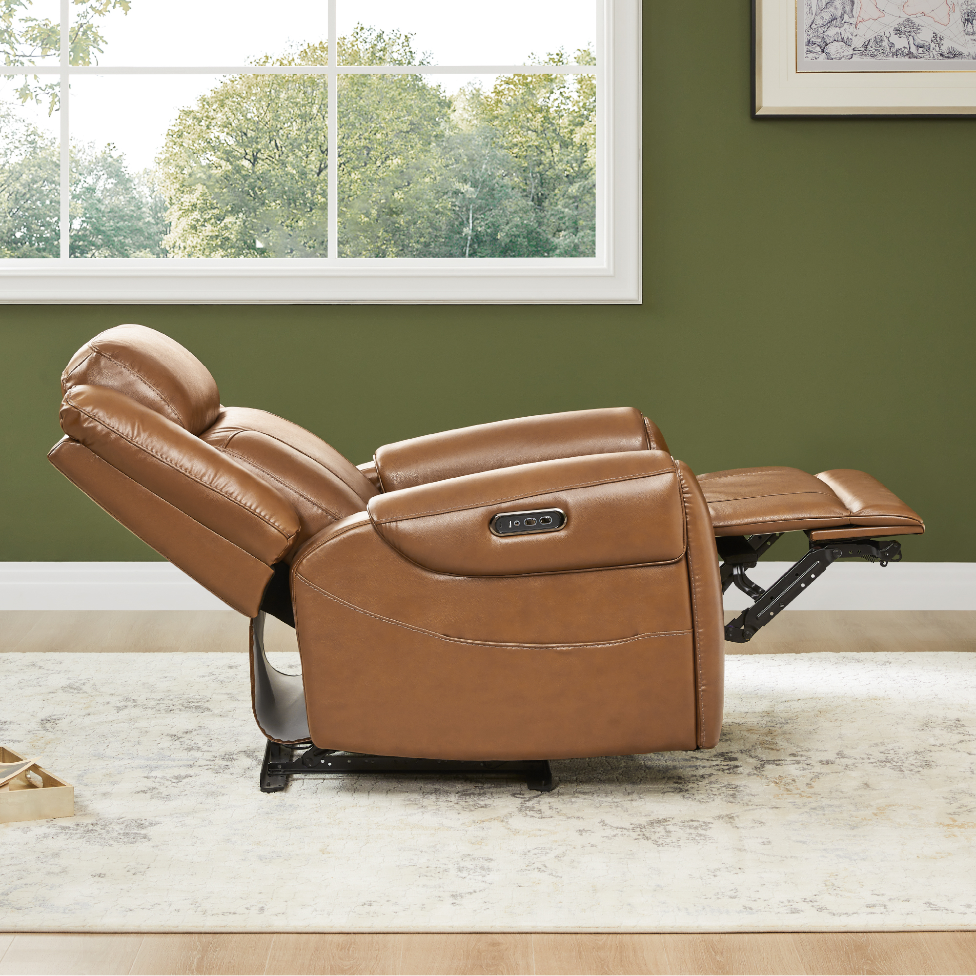 Spruce & Spring Wall Hugger Genuine Leather Power Recliner with Headrest, Saddle