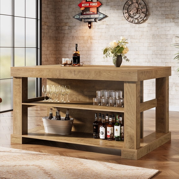 Finmind 55-inch Large Bar Table, 3-Tier Counter Height Pub Table with Spacious Tabletop, Farmhouse Home Bar Unit for Bistro, Basement, Natural Brown